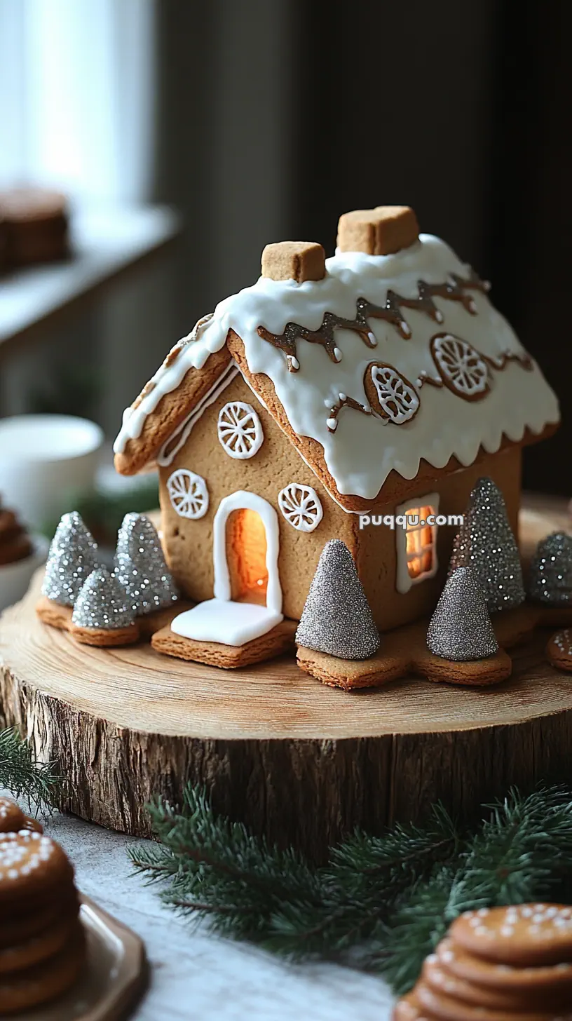 Gingerbread house with icing decorations and glittery trees on a wooden base.