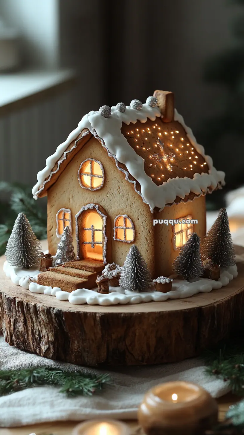 A decorated gingerbread house with illuminated windows and frosted roof, surrounded by small decorative trees on a wooden base.