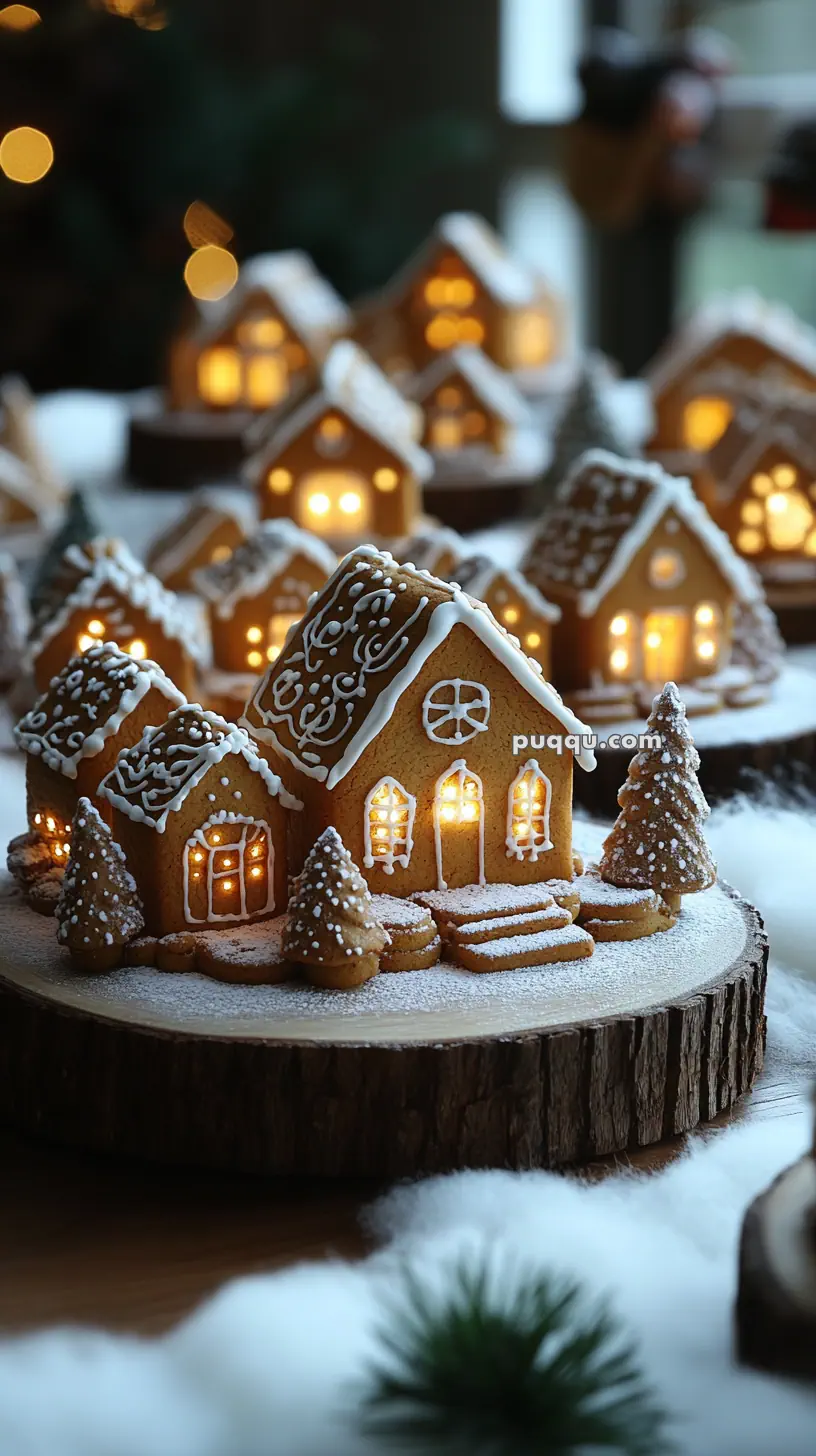 Illuminated gingerbread houses decorated with icing and surrounded by icing sugar-dusted trees on wooden bases.