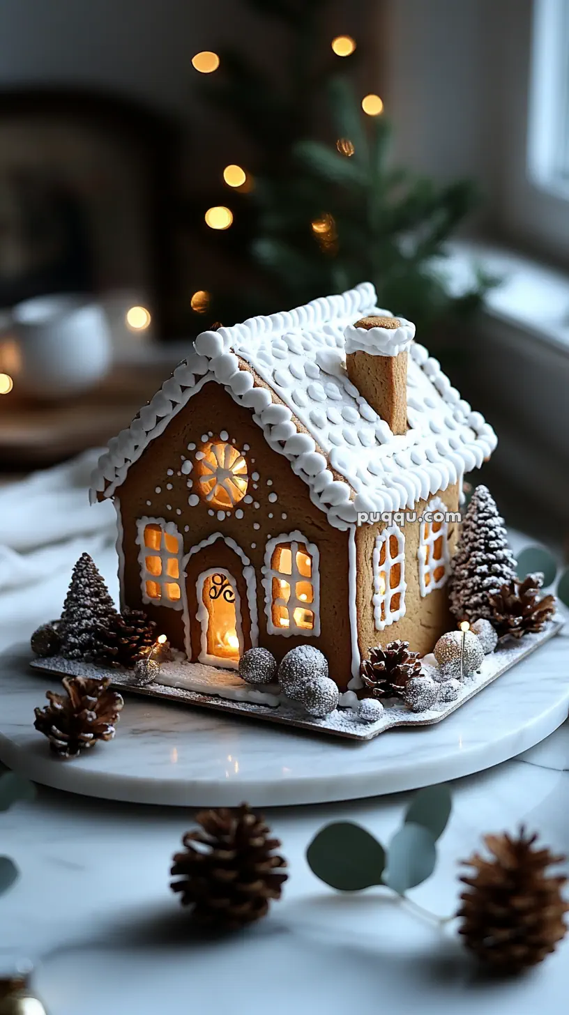 A decorated gingerbread house with lit interior, surrounded by small snow-dusted pine trees and pine cones, displayed on a marble tray.