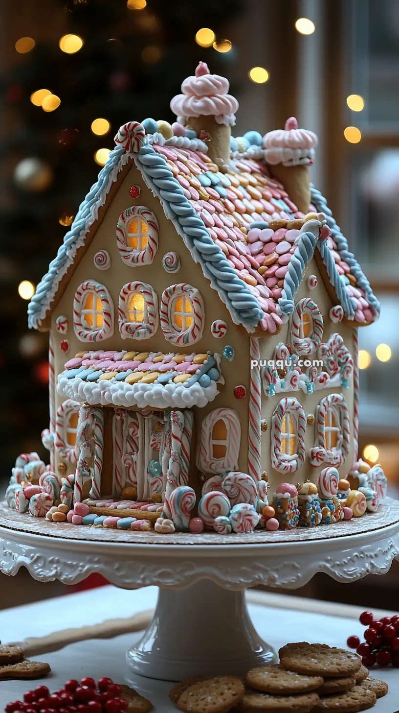 A decorative gingerbread house adorned with colorful candies sits on a white cake stand, with blurred holiday lights in the background.