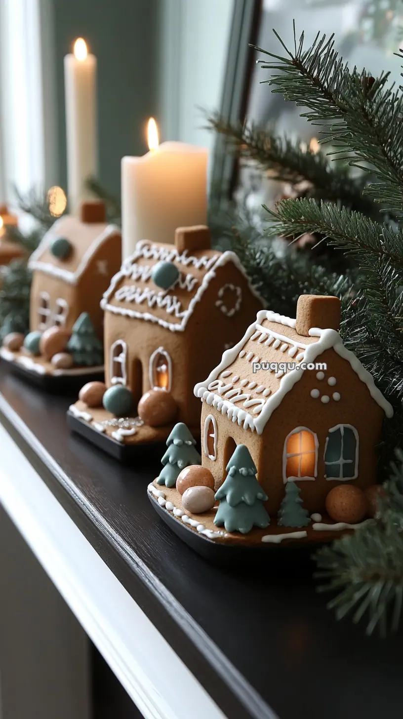 Gingerbread houses decorated with icing and candies, placed on a table alongside lit white candles and evergreen branches.