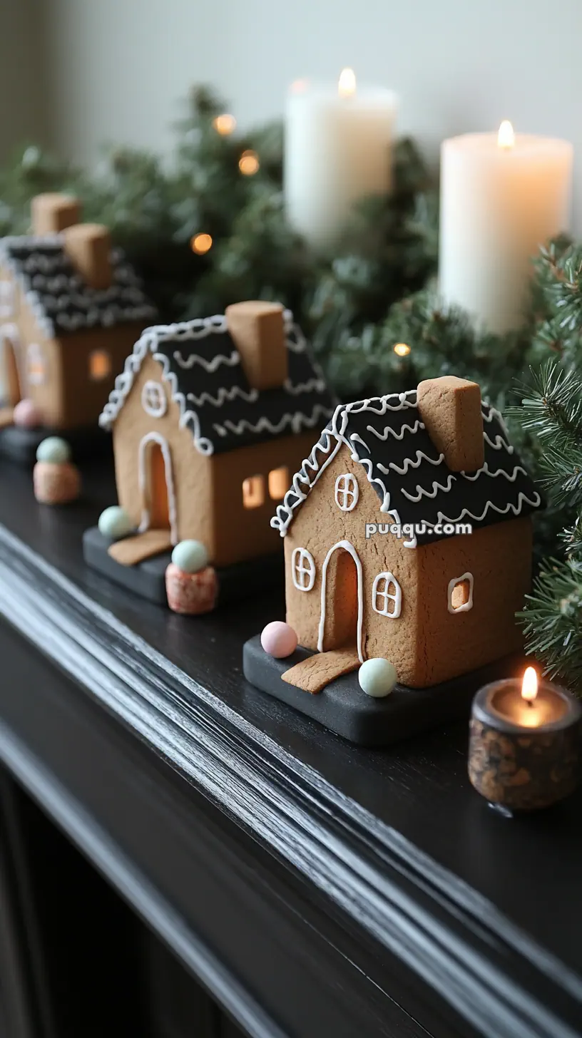 Gingerbread houses with icing decorations on a mantel, surrounded by evergreen branches and lit candles.