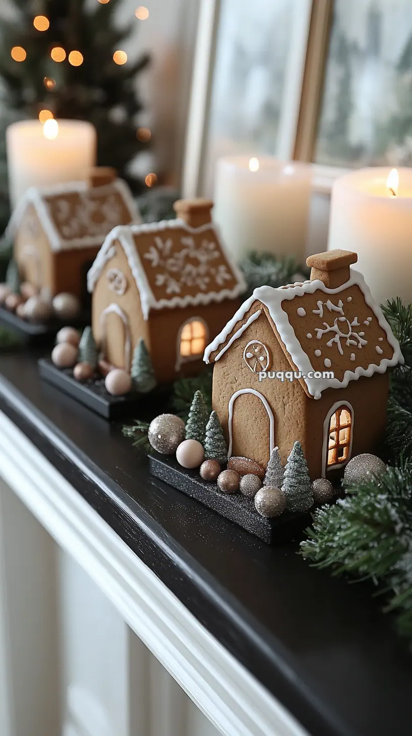 Decorative gingerbread houses with icing details, surrounded by small ornaments and greenery, with lit candles in the background.