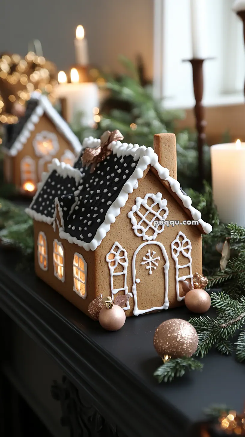 Gingerbread house with icing decoration and ornaments, surrounded by candles and greenery.