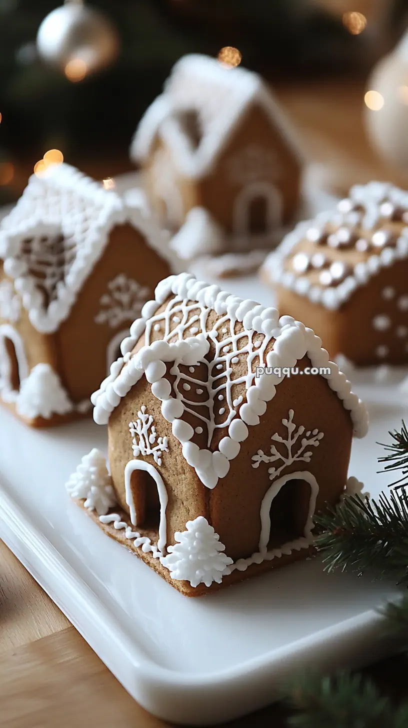 Miniature gingerbread houses with intricate white icing decorations on a white tray.