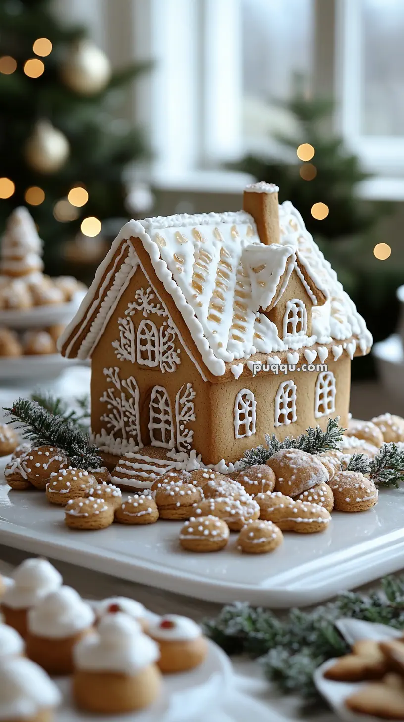 A decorated gingerbread house with white icing details, surrounded by cookies and small evergreen branches, set in a festive holiday scene.