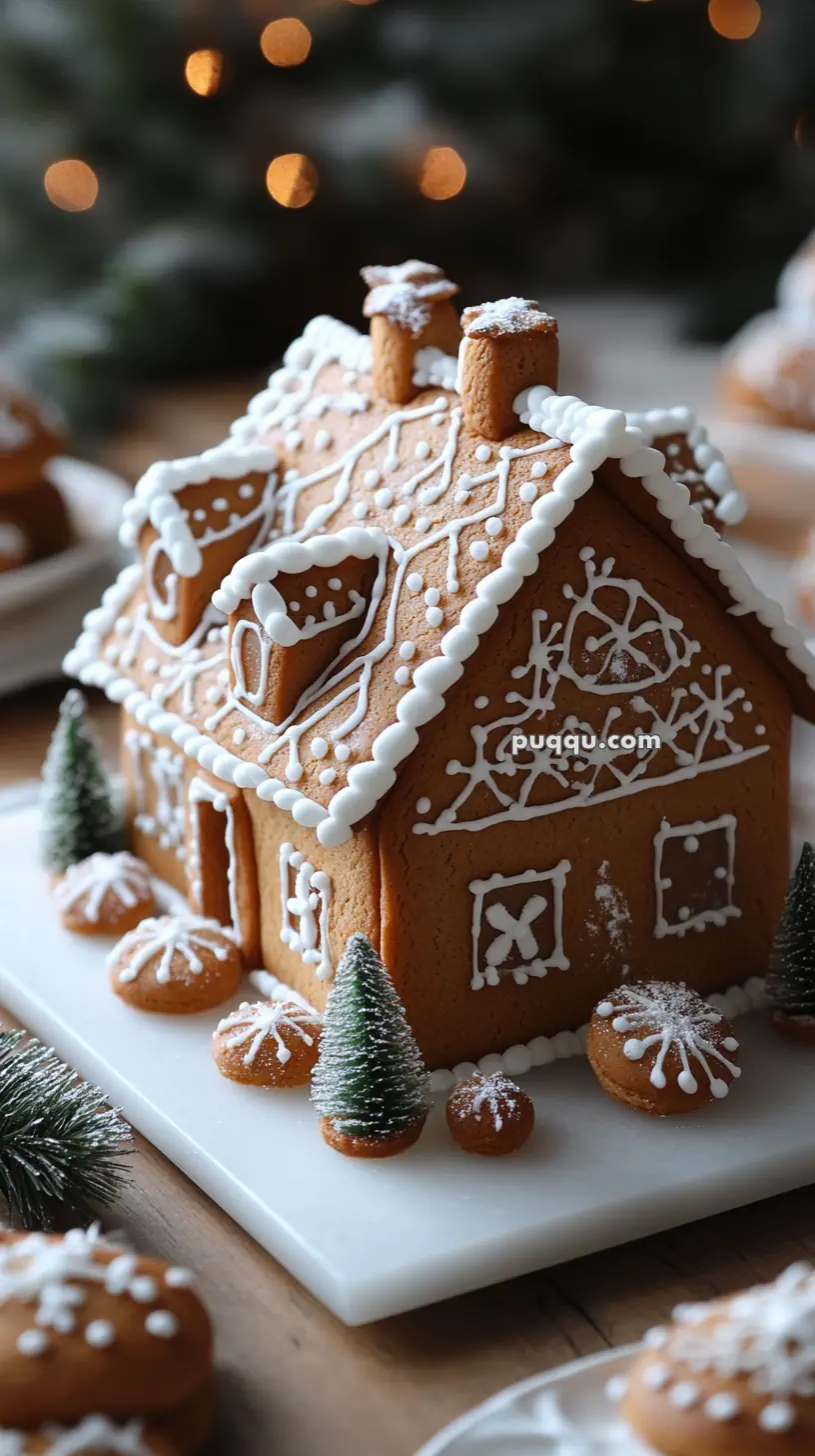 A decorated gingerbread house with white icing and miniature evergreen trees on a white base.