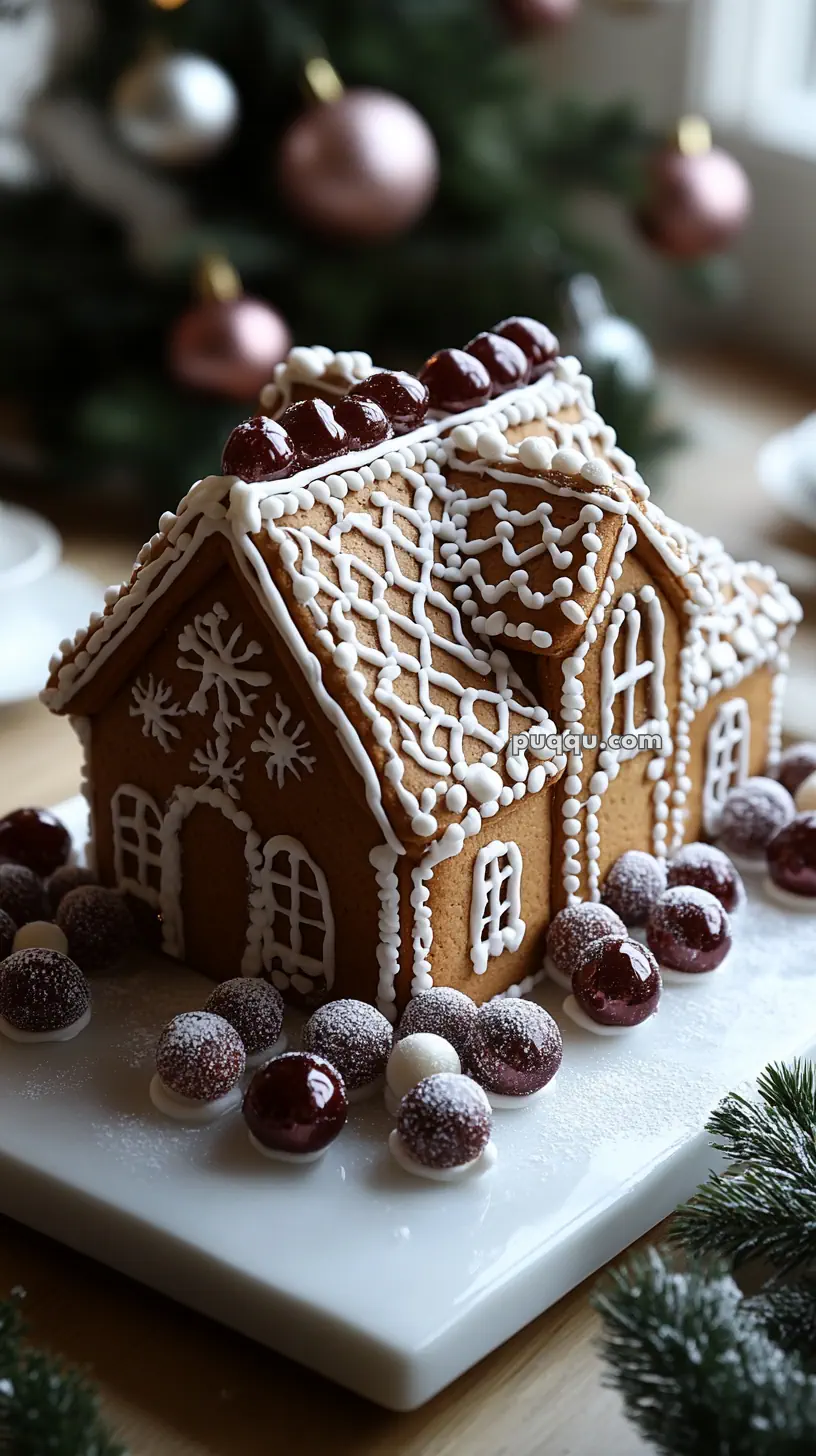 A decorated gingerbread house with icing snowflakes and berries on a white plate, set in a festive background.