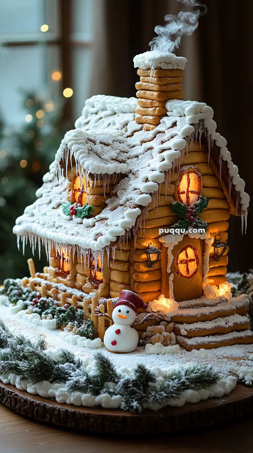 A festive gingerbread house with glowing windows, snow icing, and a snowman decoration, surrounded by Christmas trees and lights.