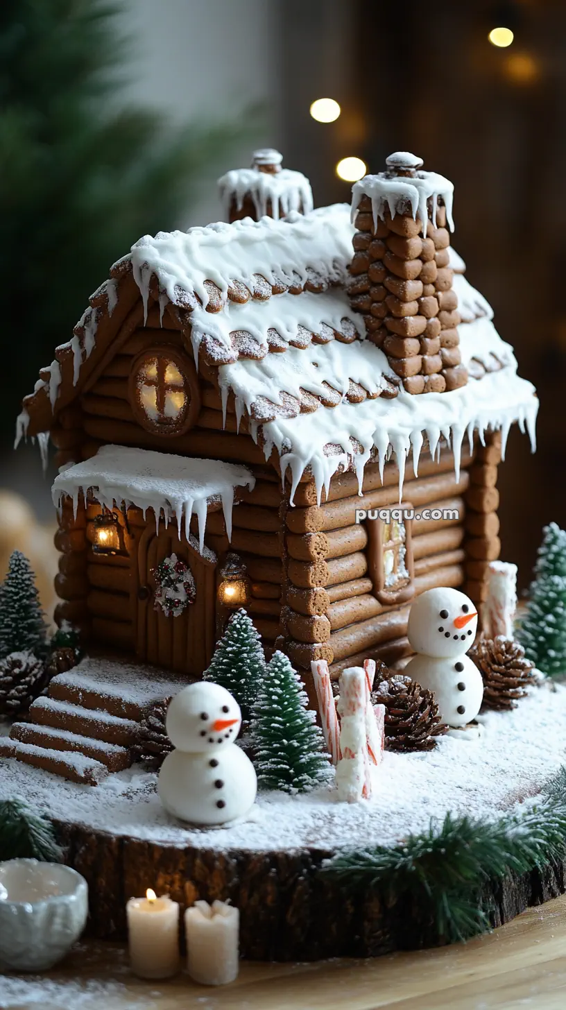 Gingerbread house with frosting icicles, snowman figures, candy canes, mini pine trees, and lit candles.