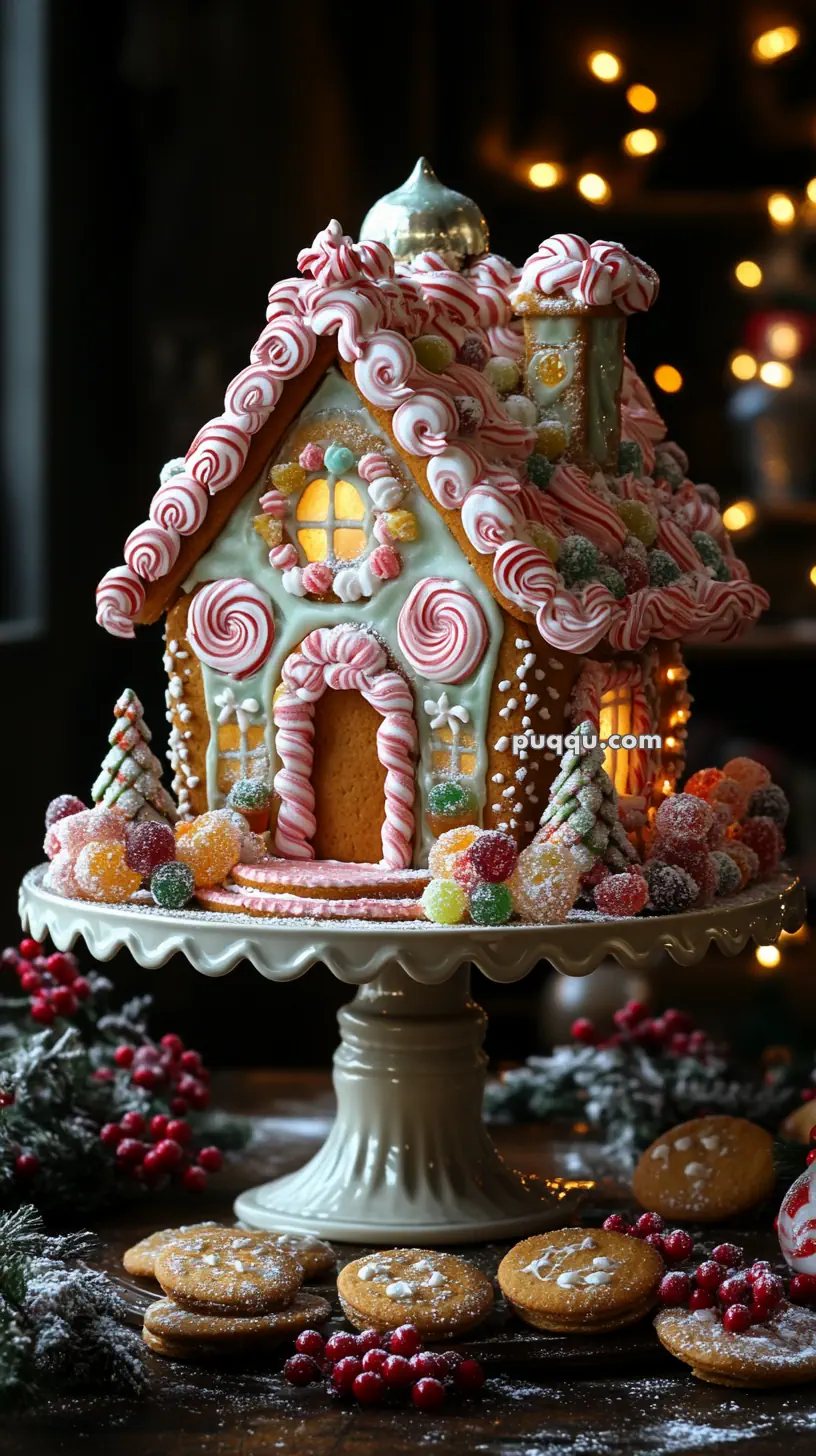 Gingerbread house decorated with candy and icing, displayed on a cake stand with cookies and festive decorations around.