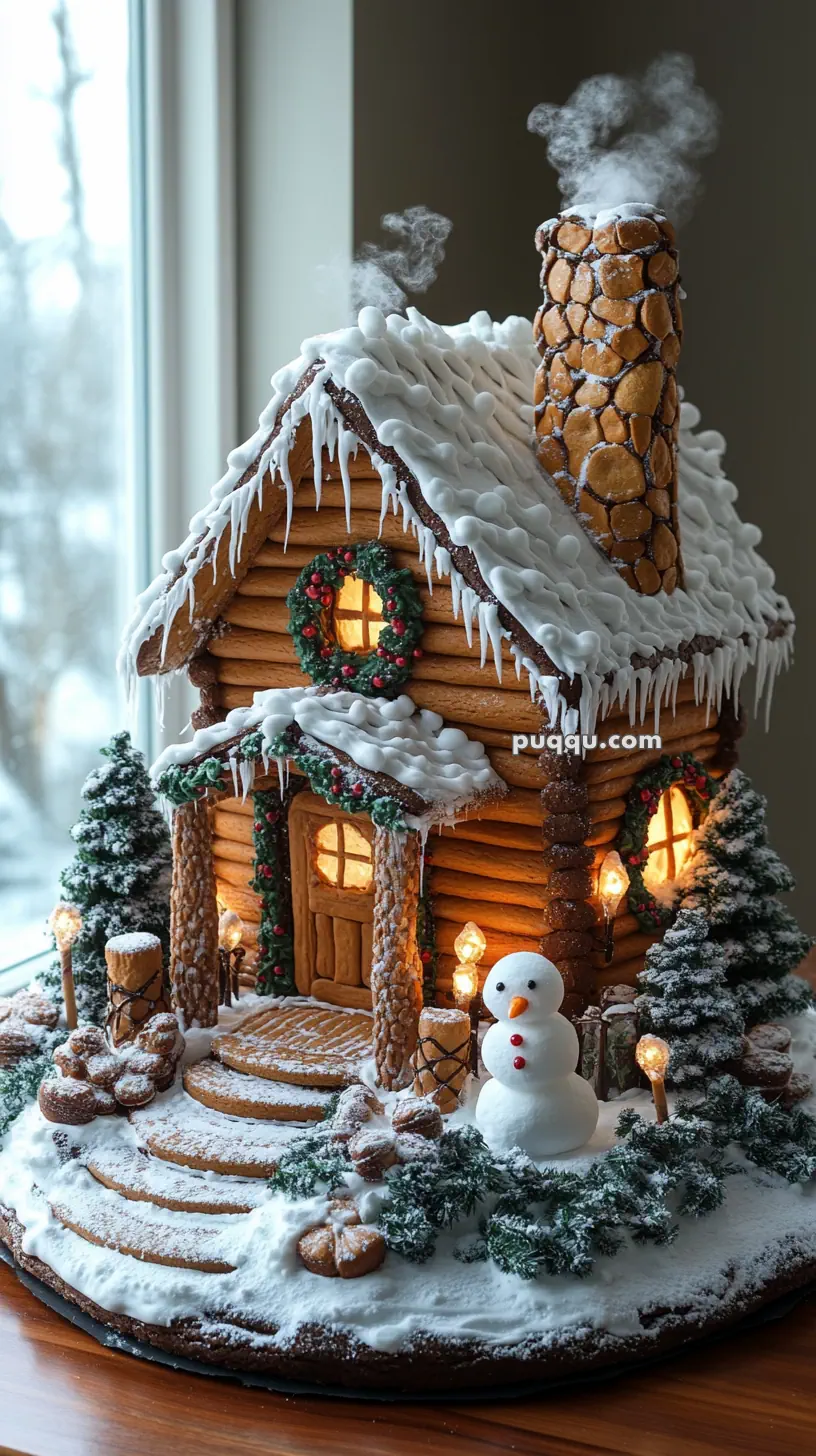 Gingerbread house with snow-covered roof, wreaths, a snowman, and lighted windows, set on a winter-themed base.