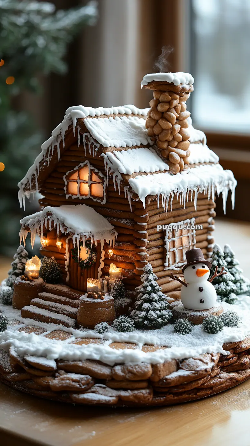 Gingerbread house decorated with icing snow, icicles, small trees, and a snowman, with lit windows and a cookie chimney.