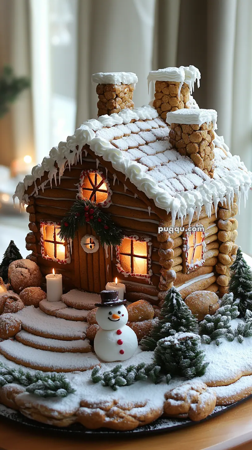 Gingerbread house with lit windows, snowman, and icing decorations, surrounded by small trees and candles on a snowy base.