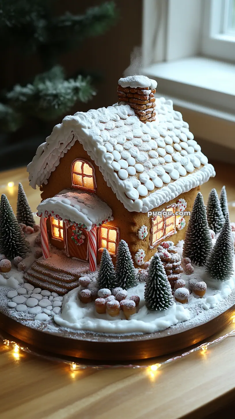 Gingerbread house decorated with icing, candy trees, and surrounded by snow, illuminated from within.