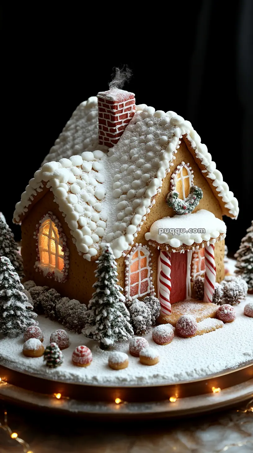 Gingerbread house with snowy icing, candy decorations, and lit windows, surrounded by small confectionery trees and candy balls.