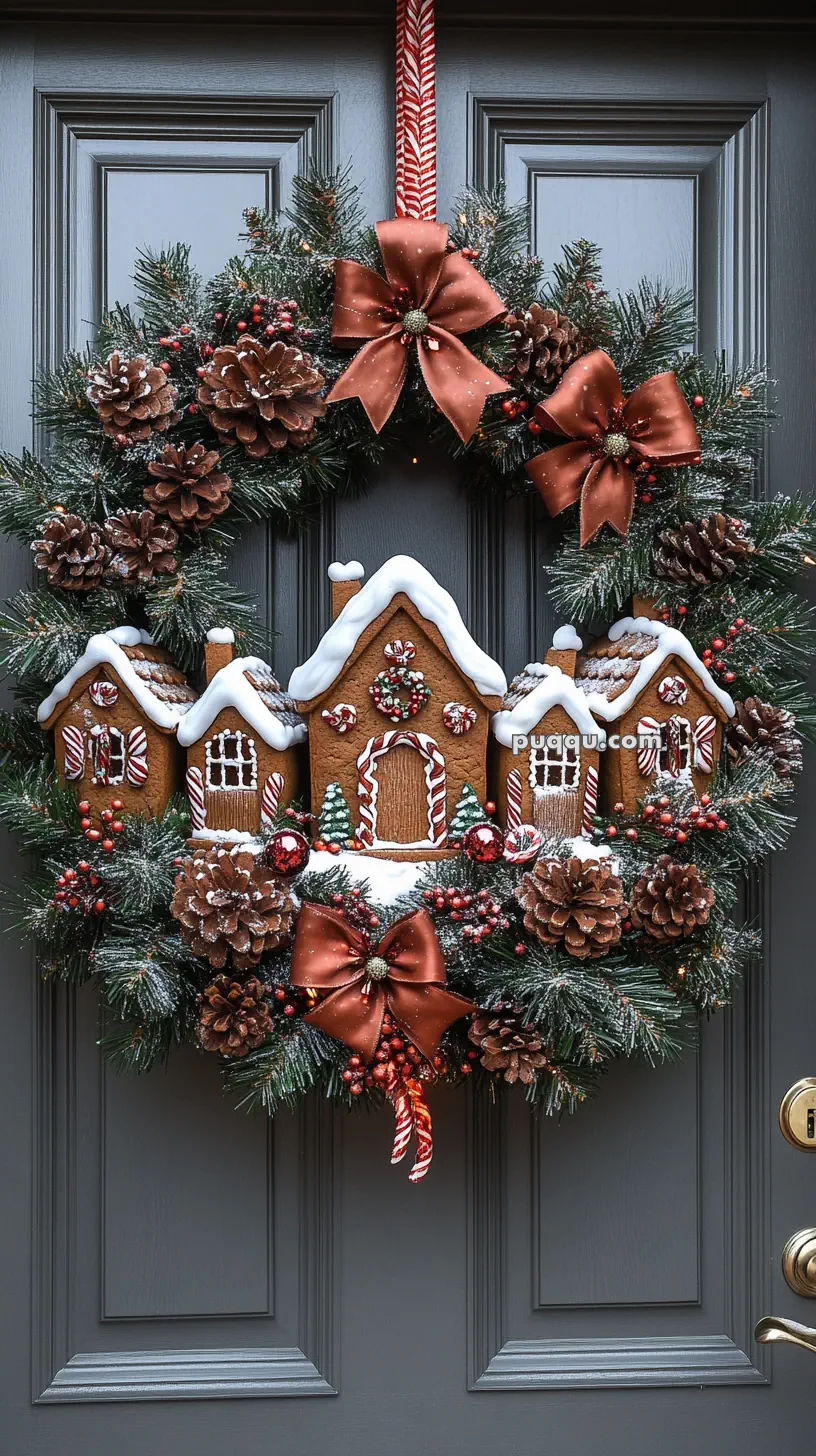 Christmas wreath with gingerbread house decorations, pinecones, red berries, and brown bows on a door.