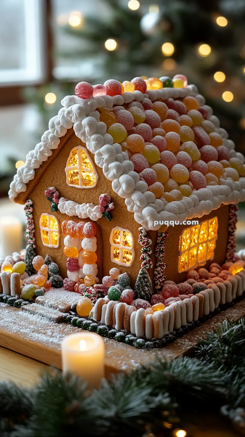 A decorated gingerbread house with colorful candies and frosting, illuminated from the inside, surrounded by festive seasonal decor.