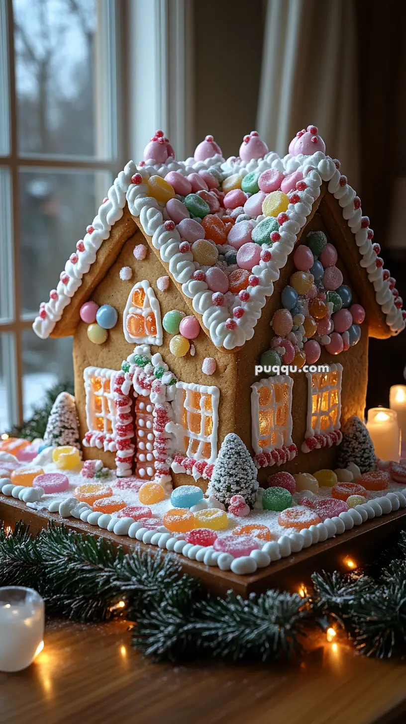 Decorative gingerbread house adorned with colorful candies and icing, surrounded by candlelight and pine garland.