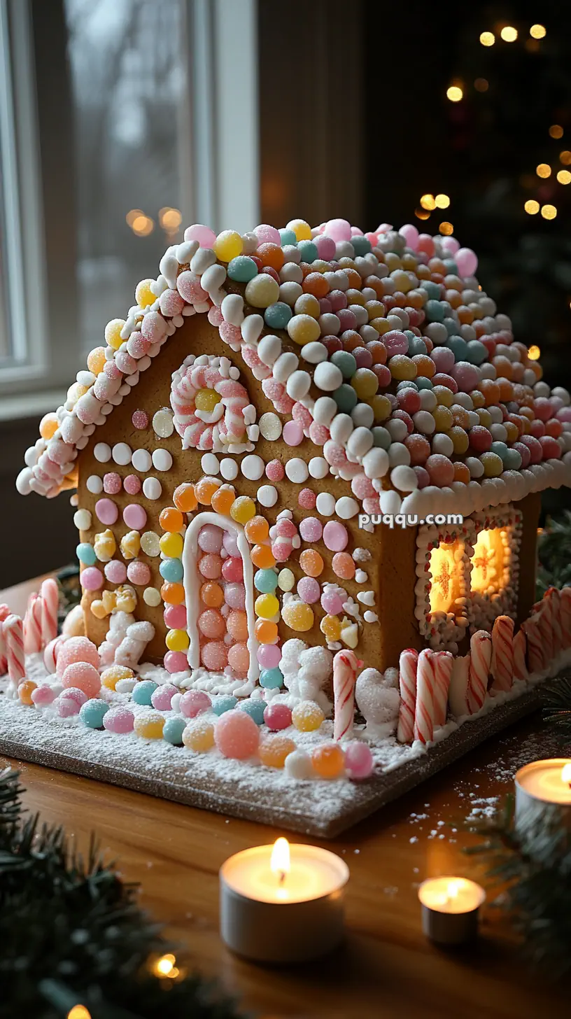 A gingerbread house decorated with colorful candies and sugar, surrounded by lit candles.