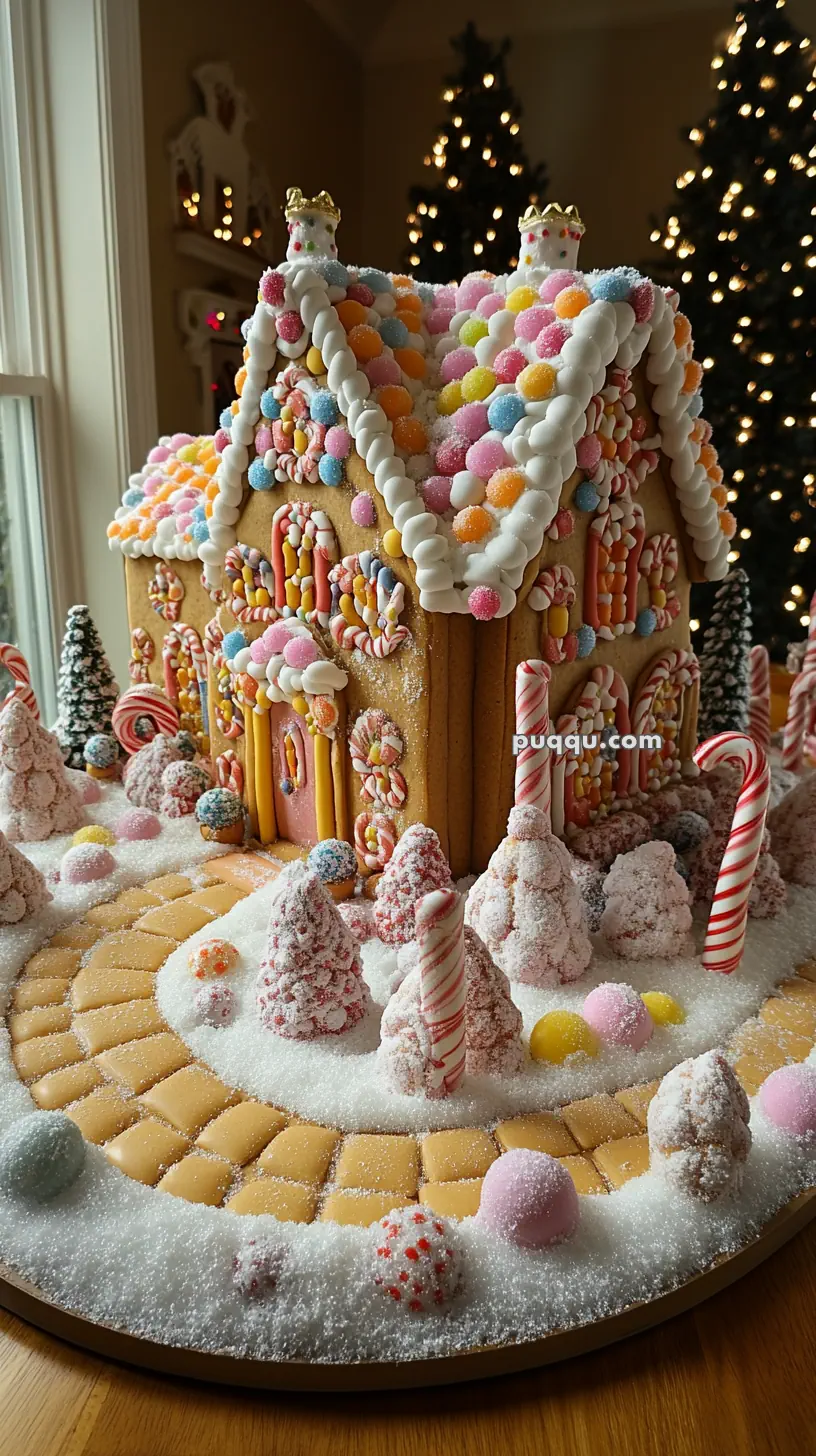 Decorative gingerbread house with colorful candies and frosting, surrounded by a sugary landscape with candy canes and Christmas decorations.