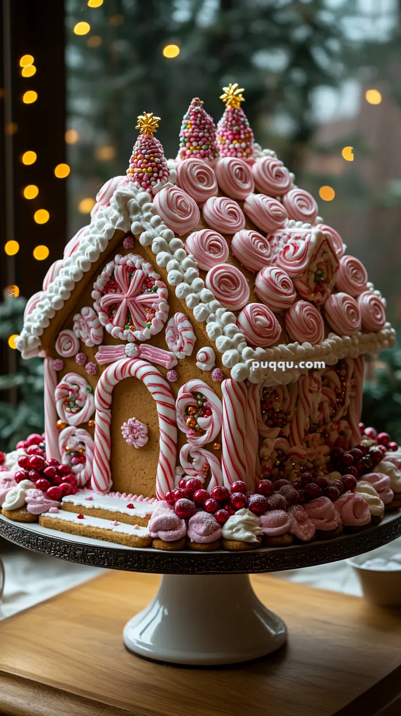 Decorative gingerbread house with pink and white icing, candy embellishments, and lollipop rooftops on a cake stand.