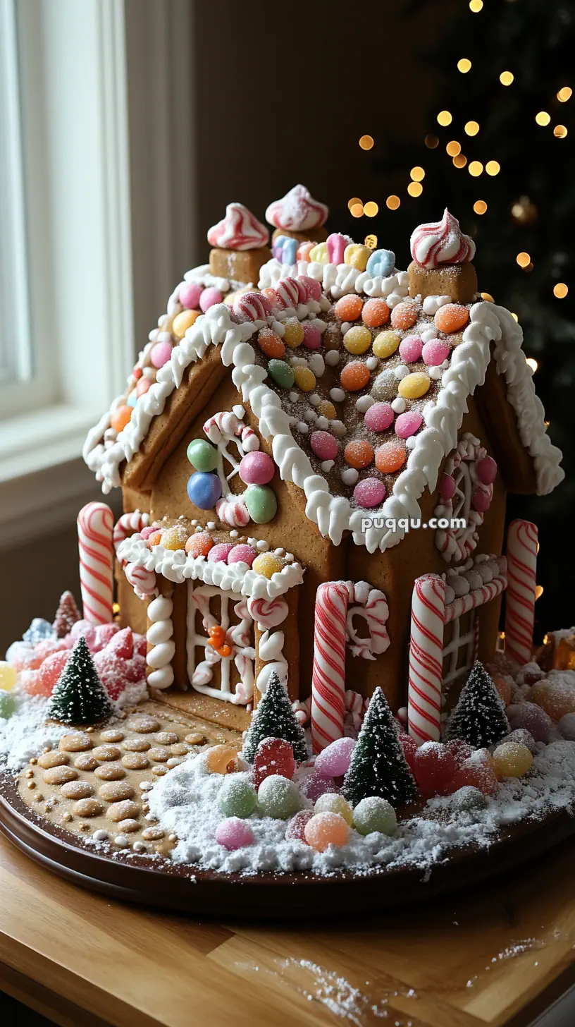 Decorative gingerbread house adorned with colorful candies, icing, and candy canes, surrounded by powdered sugar snow and small Christmas trees.