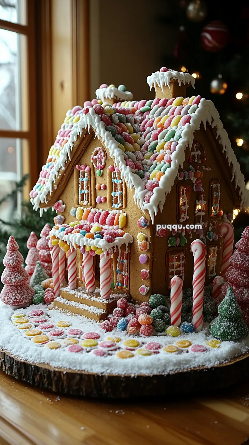 A decorative gingerbread house with colorful candies and icing, surrounded by candy trees, on a wooden base.