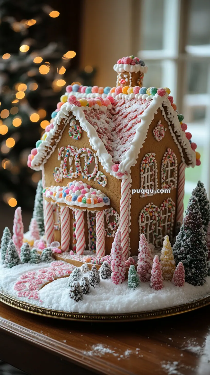 Intricately decorated gingerbread house with candy details and powdered sugar snow, surrounded by miniature candy trees.