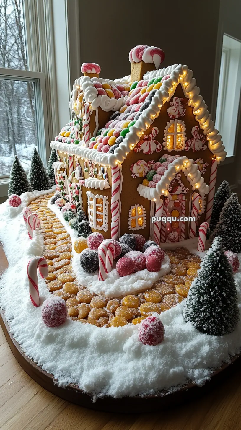 Gingerbread house decorated with colorful candies and frosting, surrounded by a path of candy and snow-like icing, with small snow-covered trees.