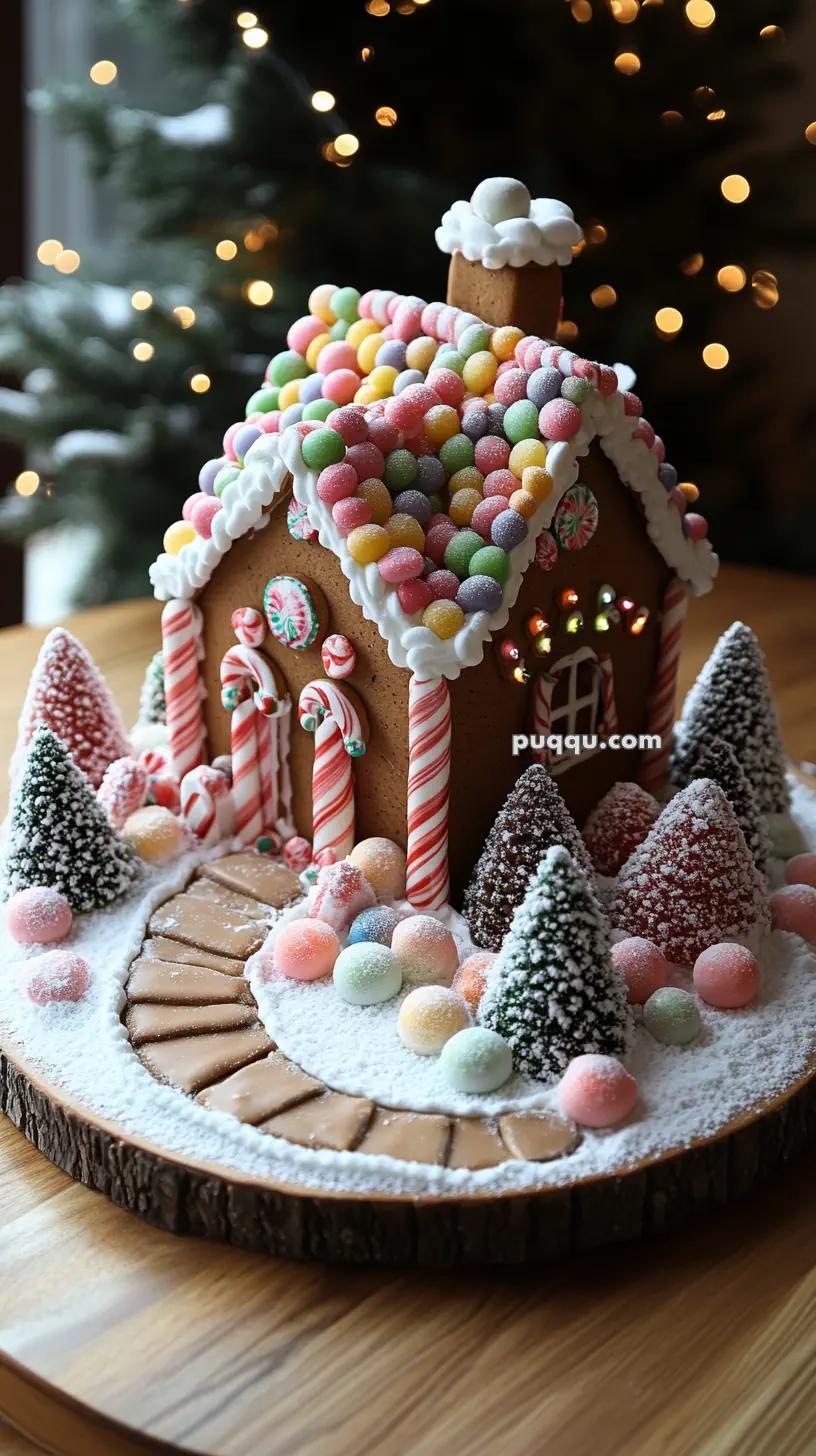 A decorated gingerbread house with colorful candy roof, candy cane pillars, sugary trees, and a snowy base.