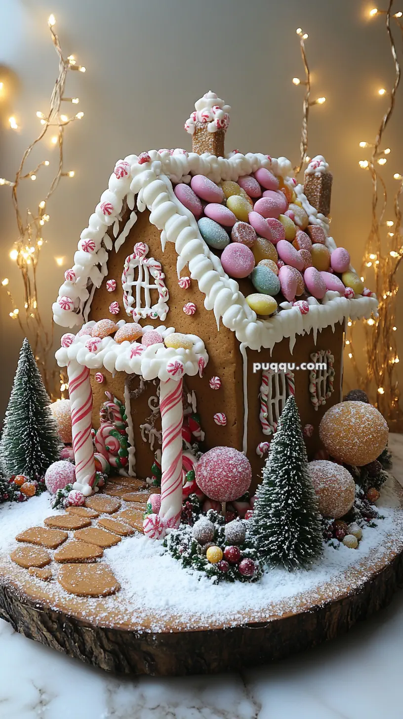 A festive gingerbread house decorated with icing, candies, and peppermint, surrounded by miniature trees and candy ornaments, presented on a wooden base with twinkling lights in the background.