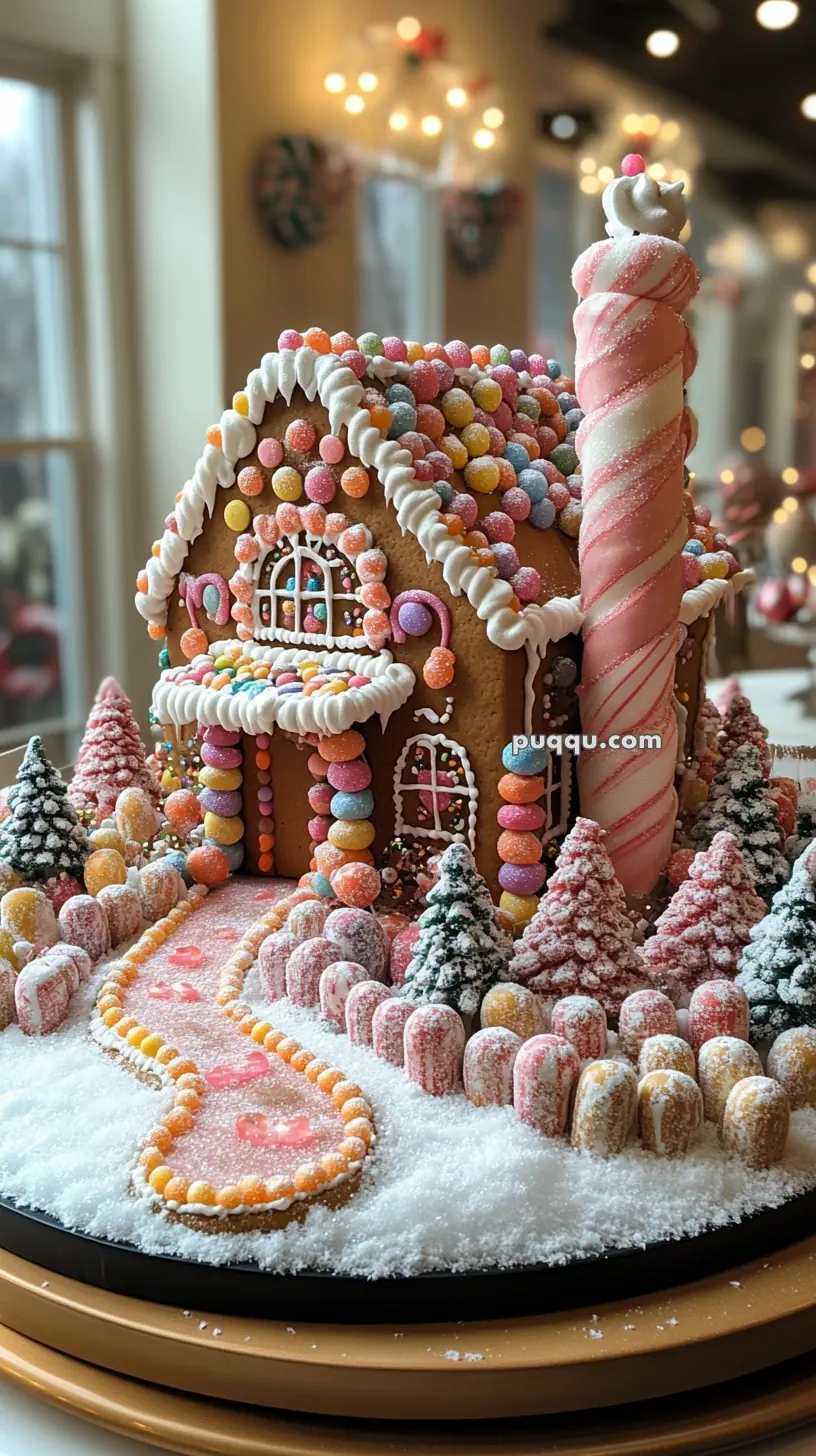 Gingerbread house decorated with colorful candies, a candy cane chimney, and surrounded by sugar-dusted trees on a snowy base.