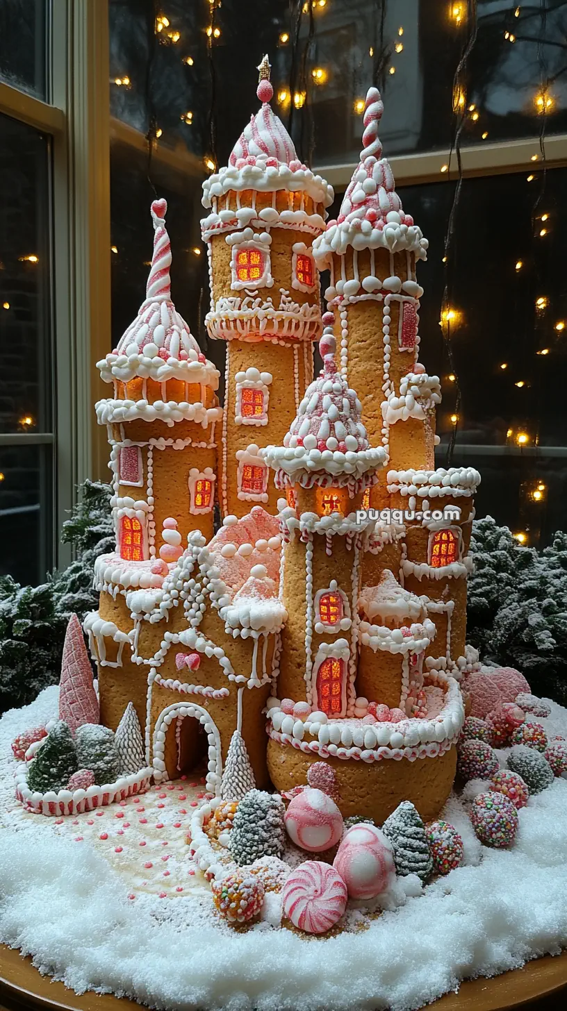 Gingerbread castle decorated with icing and candy, set on a snowy base with twinkling lights in the background.