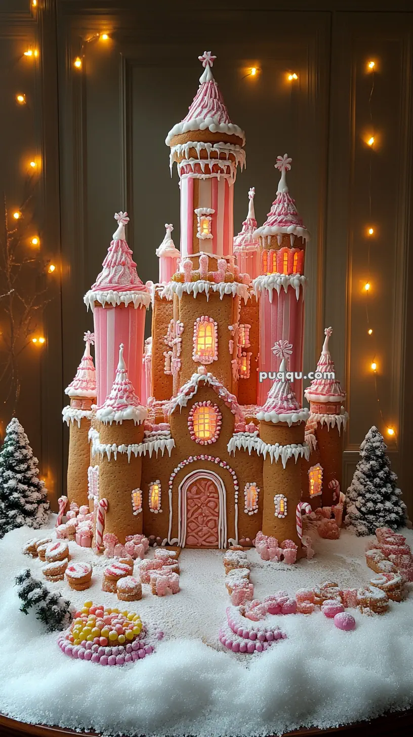 Elaborate gingerbread castle with pink icing, surrounded by snow-like decorations and candy details, lit with warm lights.