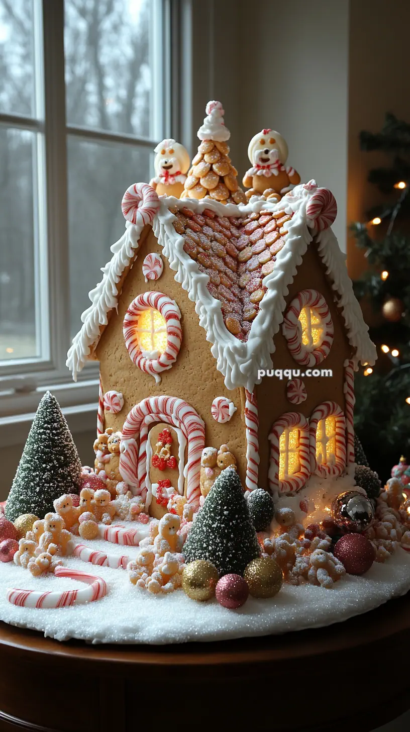 A decorated gingerbread house with candy cane accents and snow-like icing, surrounded by small cookie figures and decorative trees.