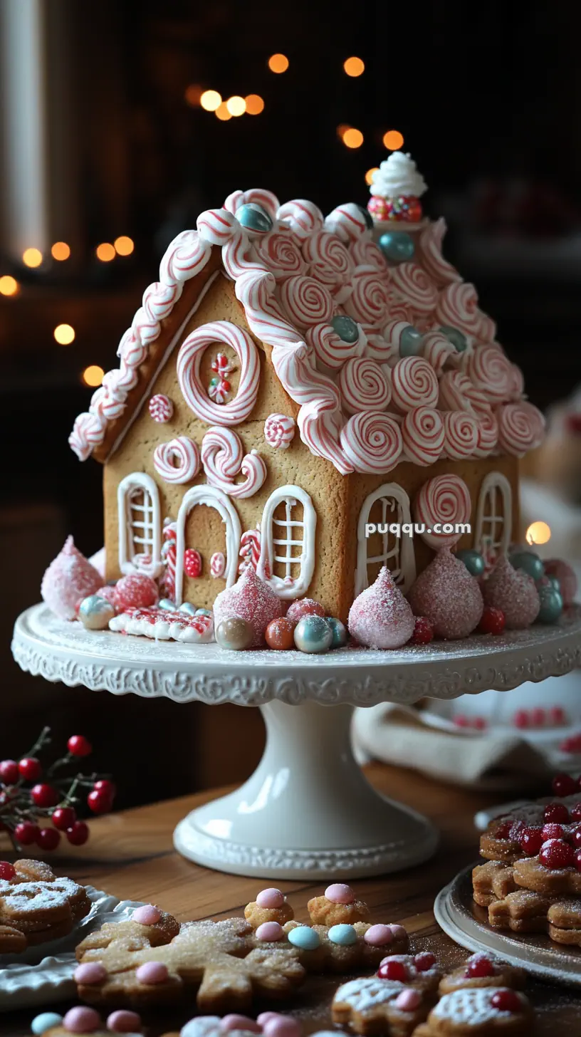 A gingerbread house decorated with pink and white swirls and pastel candies on display.