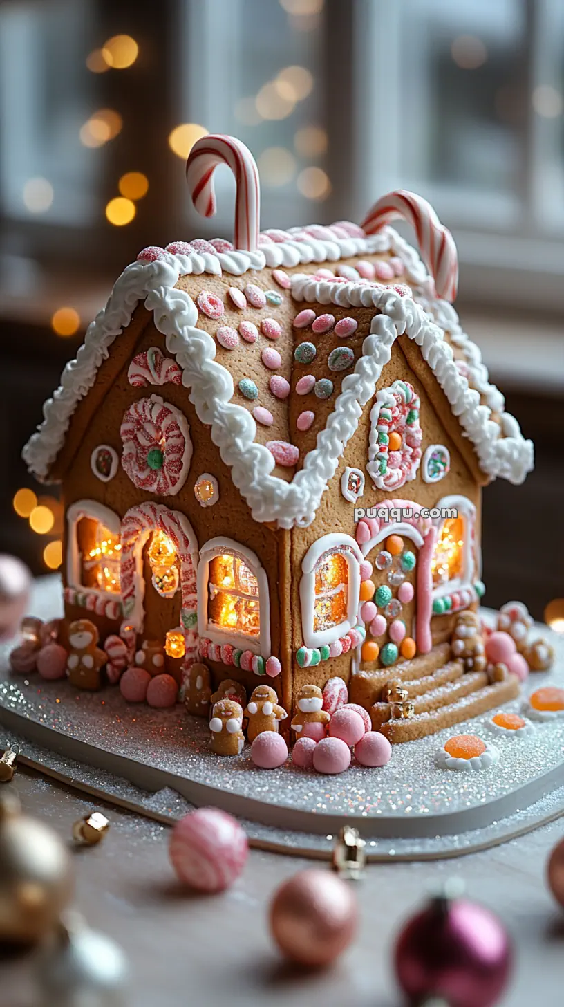 A decorated gingerbread house with candy canes, gumdrops, and icing, illuminated from inside, surrounded by glitter and Christmas ornaments.