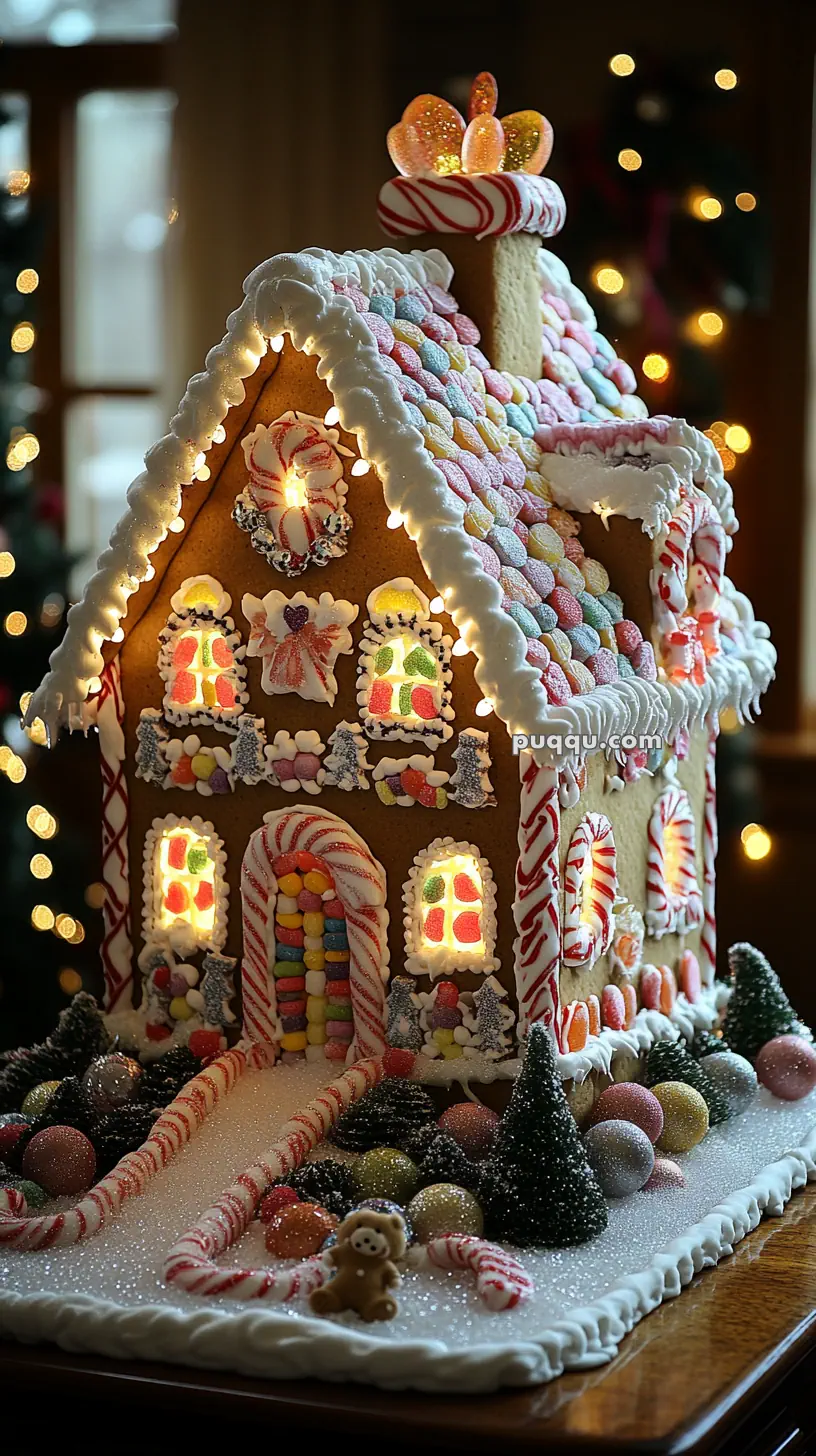 A festive gingerbread house decorated with colorful candies, frosting, and candy canes, placed on a snowy surface with small candy trees and a gingerbread bear.