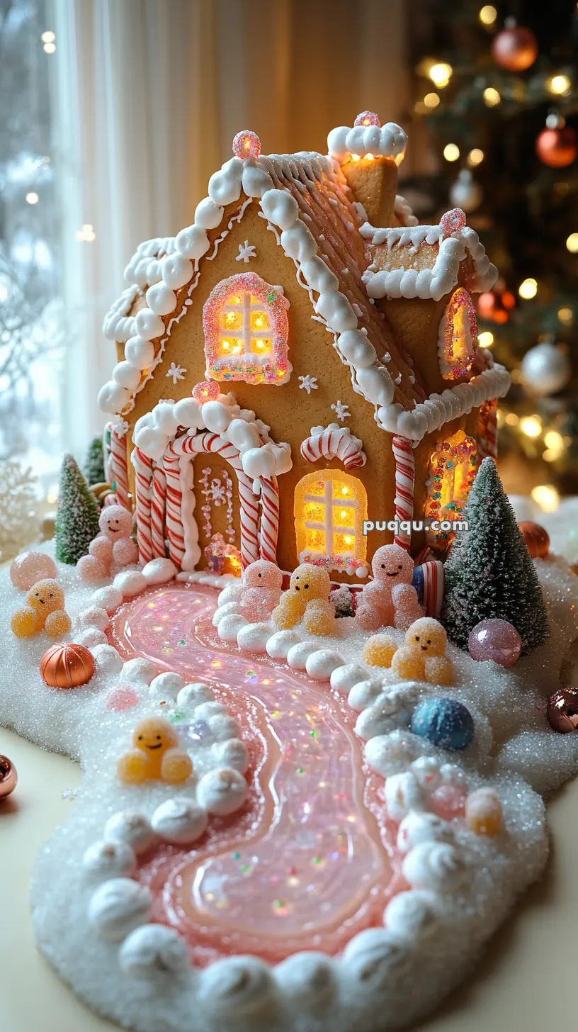 Illuminated gingerbread house decorated with candy canes, gumdrops, snowflake icing, and lit windows; surrounded by sugar trees and candy figures on a frosted surface.