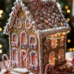 A decorated gingerbread house with candy canes, gumdrops, and icing details, surrounded by Christmas lights and ornaments.