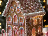 A decorated gingerbread house with candy canes, gumdrops, and icing details, surrounded by Christmas lights and ornaments.