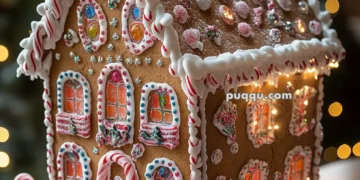 A decorated gingerbread house with candy canes, gumdrops, and icing details, surrounded by Christmas lights and ornaments.