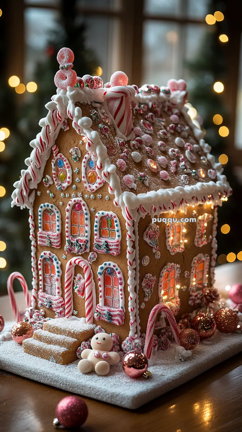 A decorated gingerbread house with candy canes, gumdrops, and icing details, surrounded by Christmas lights and ornaments.