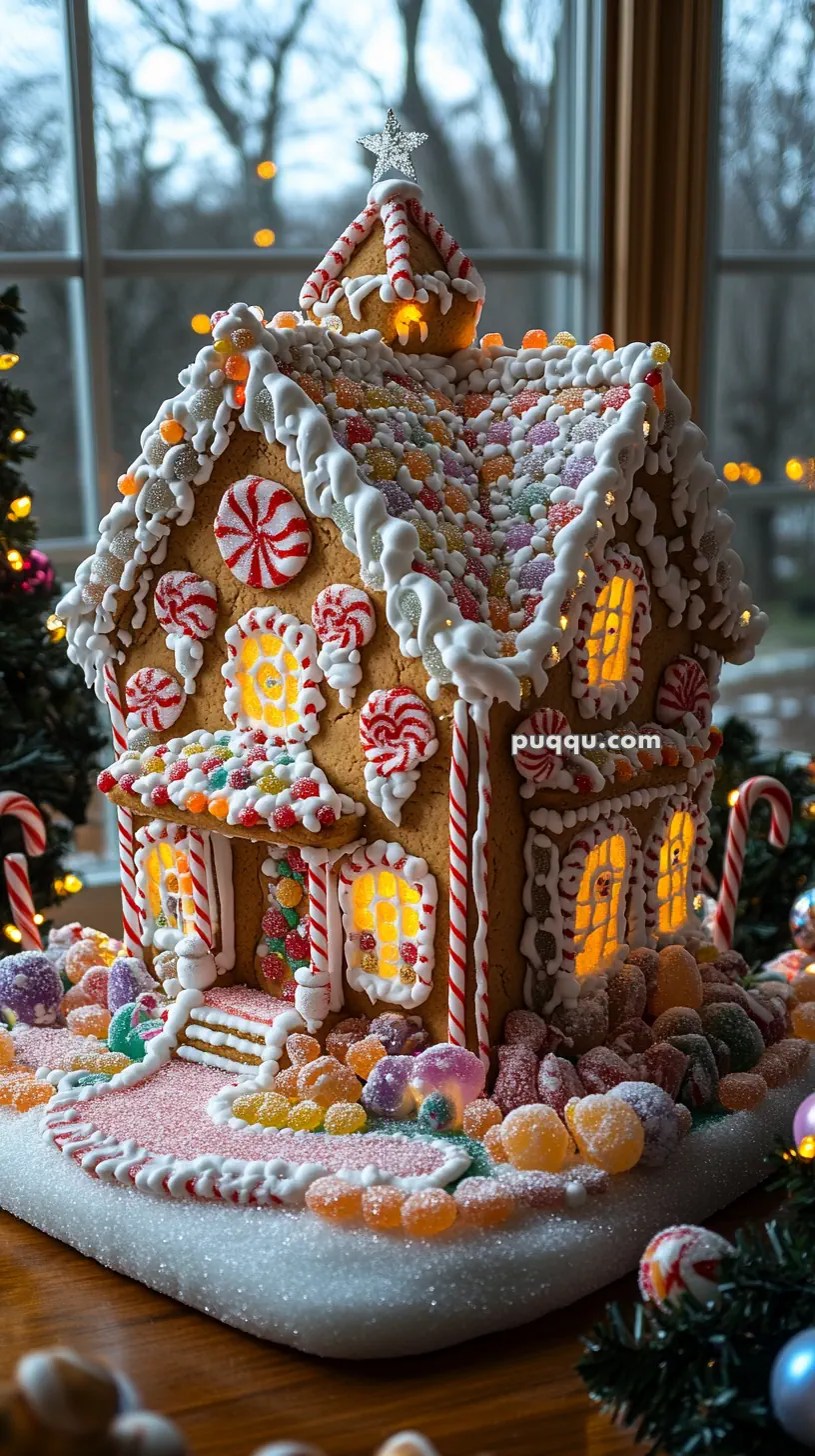 A festive gingerbread house decorated with colorful candies, peppermint swirls, and icing, with lit windows and a star on top.