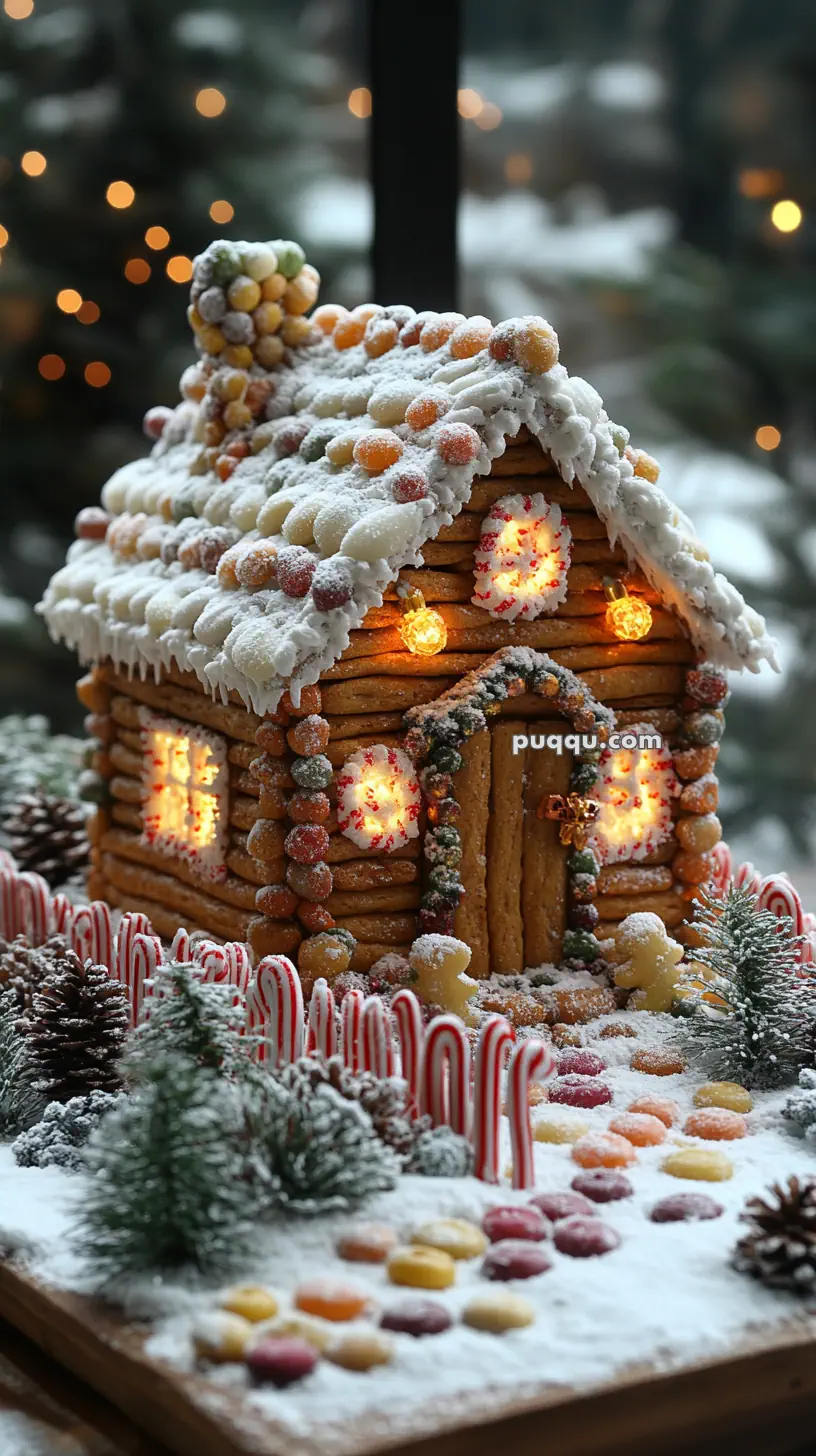 A decorative gingerbread house with candy details and frosted sugar, surrounded by candy canes and small trees, illuminated from within.