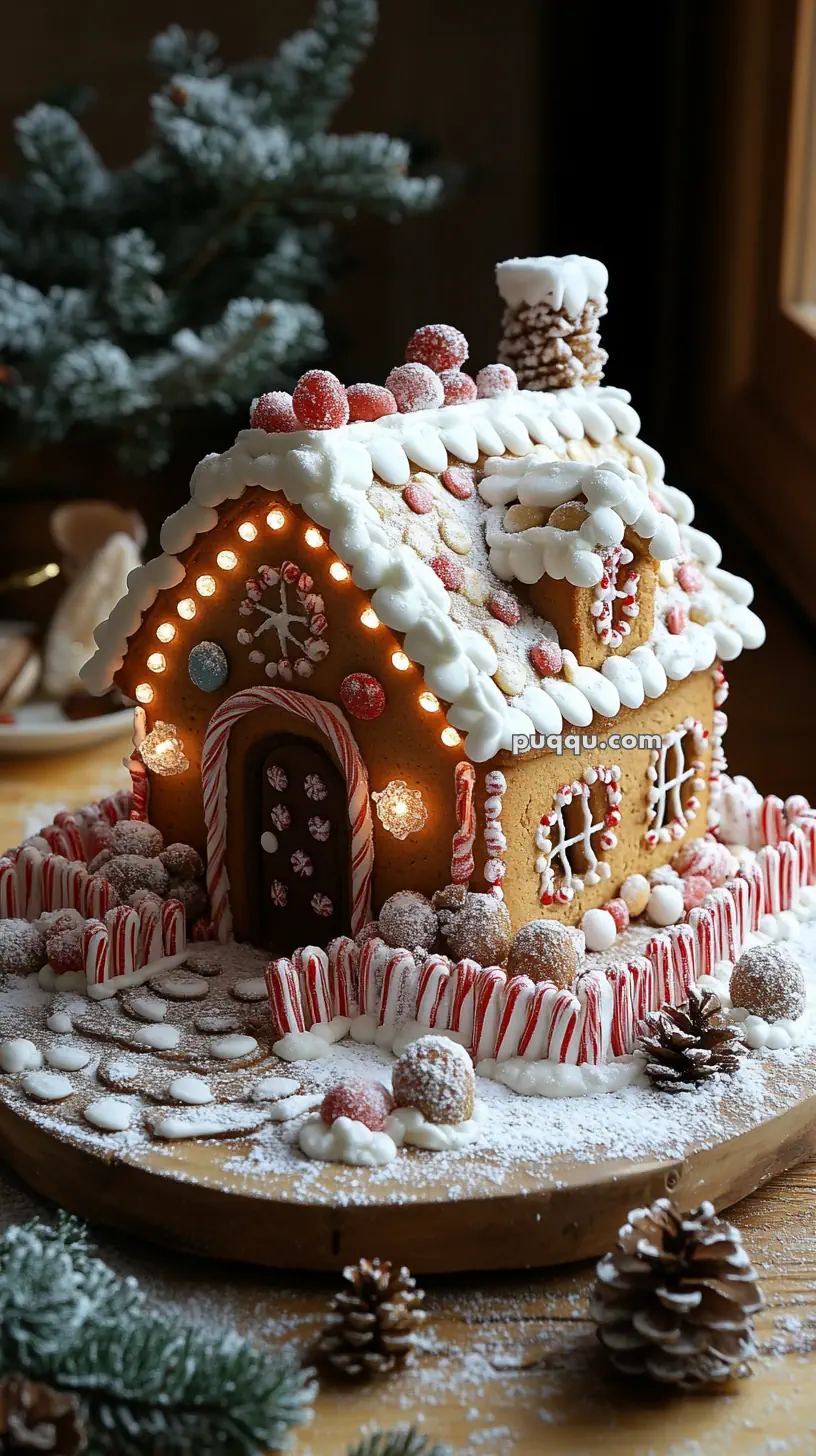 Gingerbread house decorated with candies, icing, and powdered sugar, surrounded by candy canes and Christmas decorations.