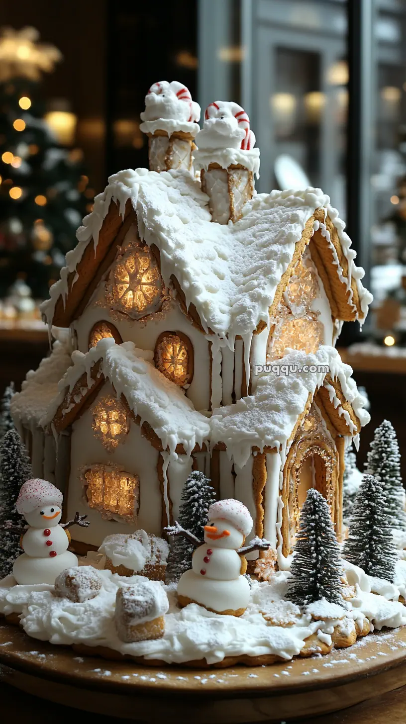 Gingerbread house decorated with icing and candy, featuring snowmen figures and small evergreen trees, set on a snowy base.