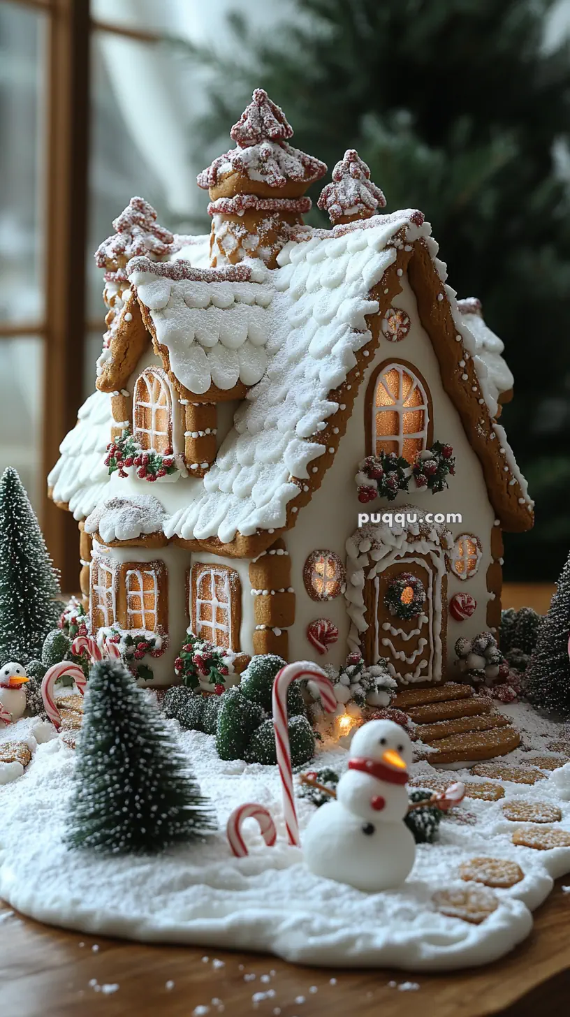 A festive gingerbread house decorated with icing, candy canes, and small trees, surrounded by artificial snow and a snowman.